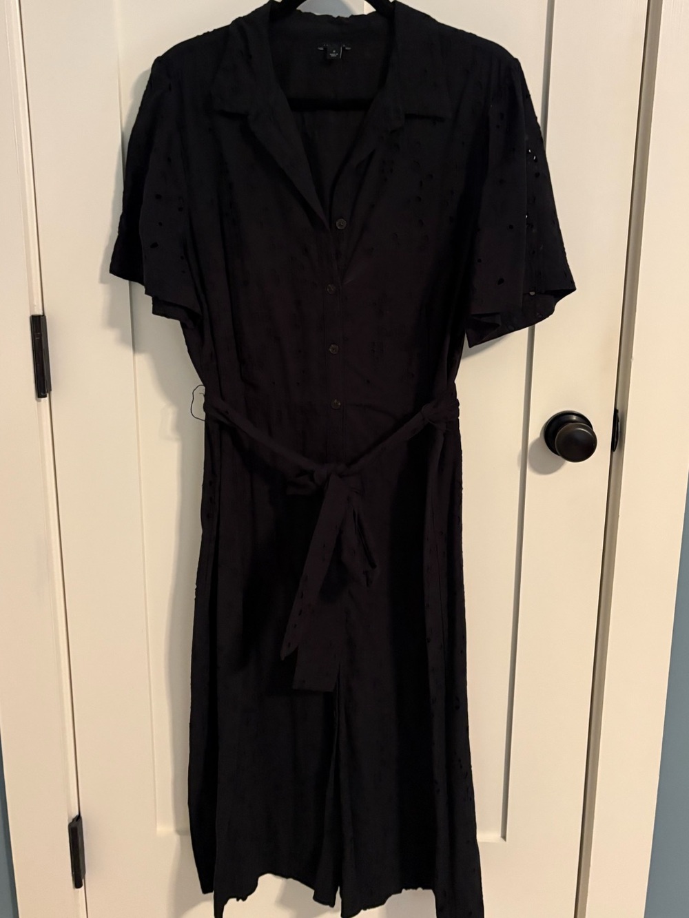 Ann Taylor Black Eyelet Midi Dress with Tie Waist